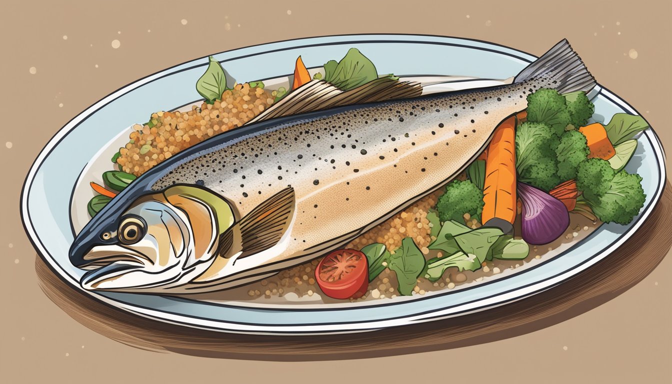 A plate of grilled trout surrounded by colorful vegetables and a side of quinoa, with a diabetic-friendly cookbook open to a page about incorporating fish into a diabetes diet