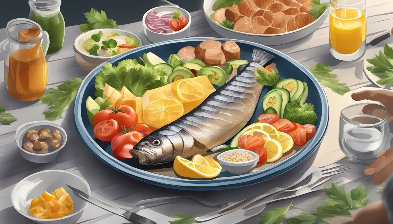 A diabetic happily eats a meal of surströmming with a variety of healthy and balanced foods on a plate