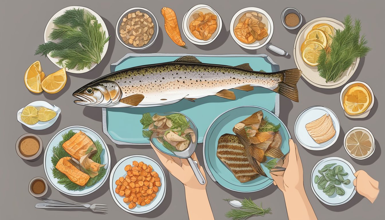 A person with diabetes holding a plate of grilled trout, surrounded by various types of fish and a list of considerations for selecting and eating fish