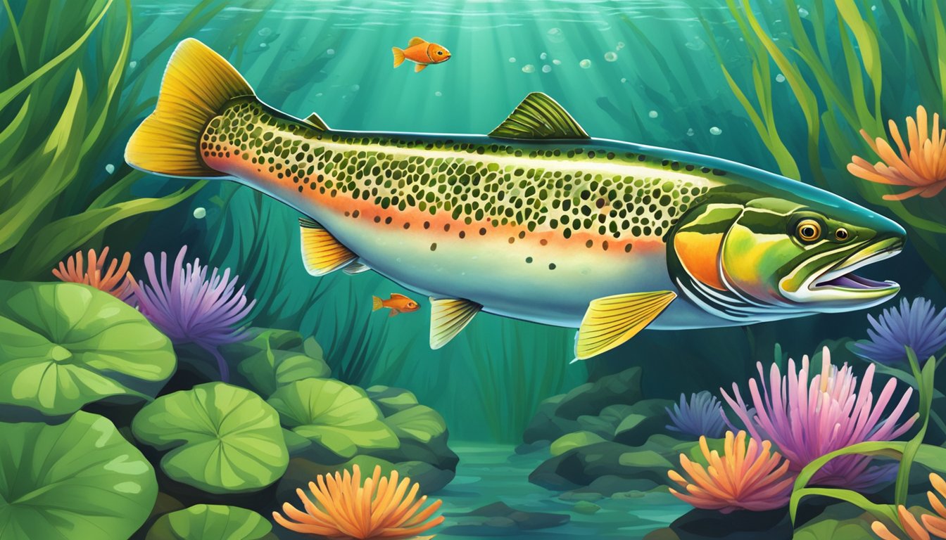 A trout swimming in a clear, freshwater stream, surrounded by vibrant green aquatic plants and small, colorful fish