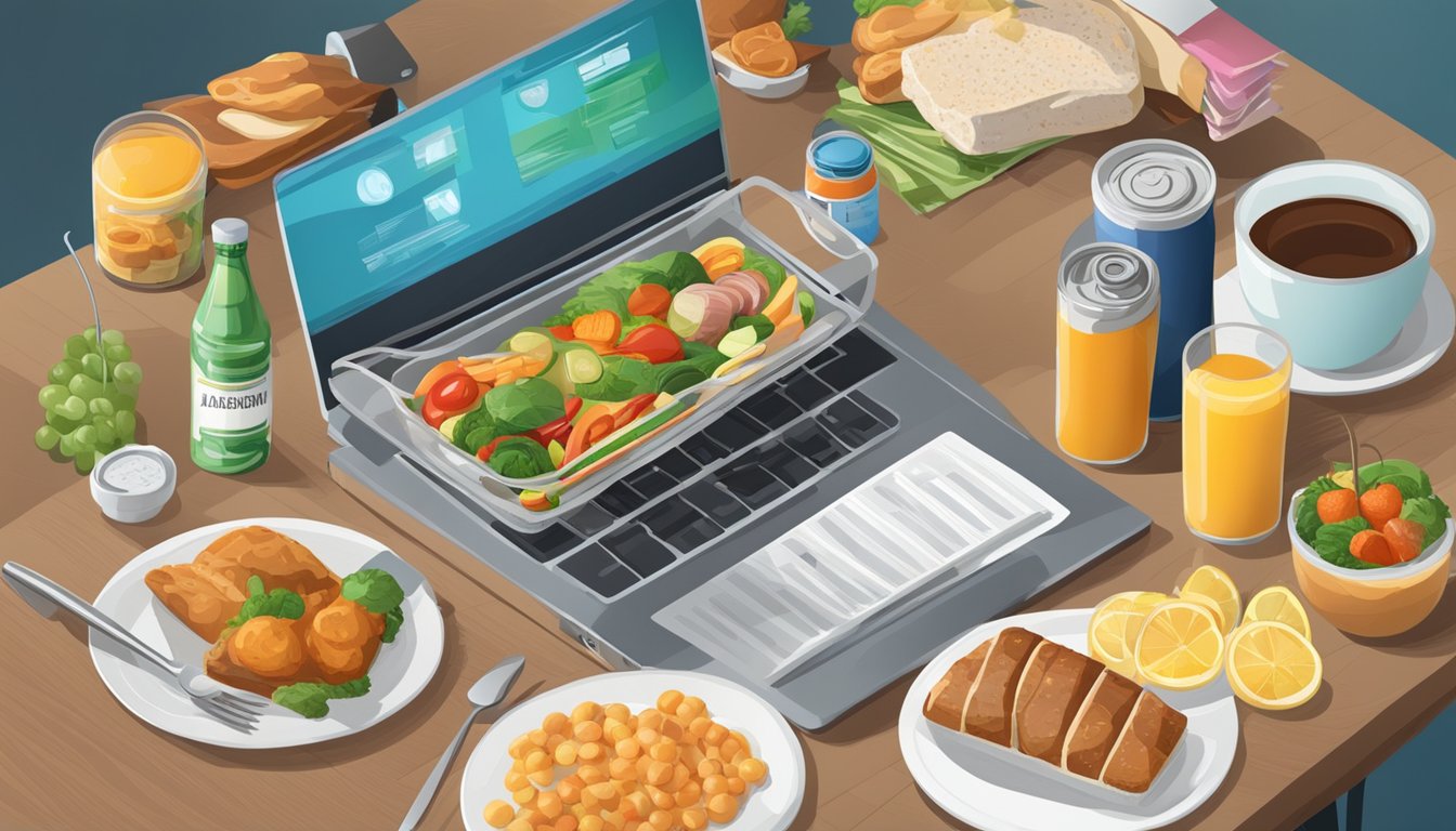 A table set with a variety of food items, including a can of surströmming, with a person researching about diabetics and diet on a laptop nearby