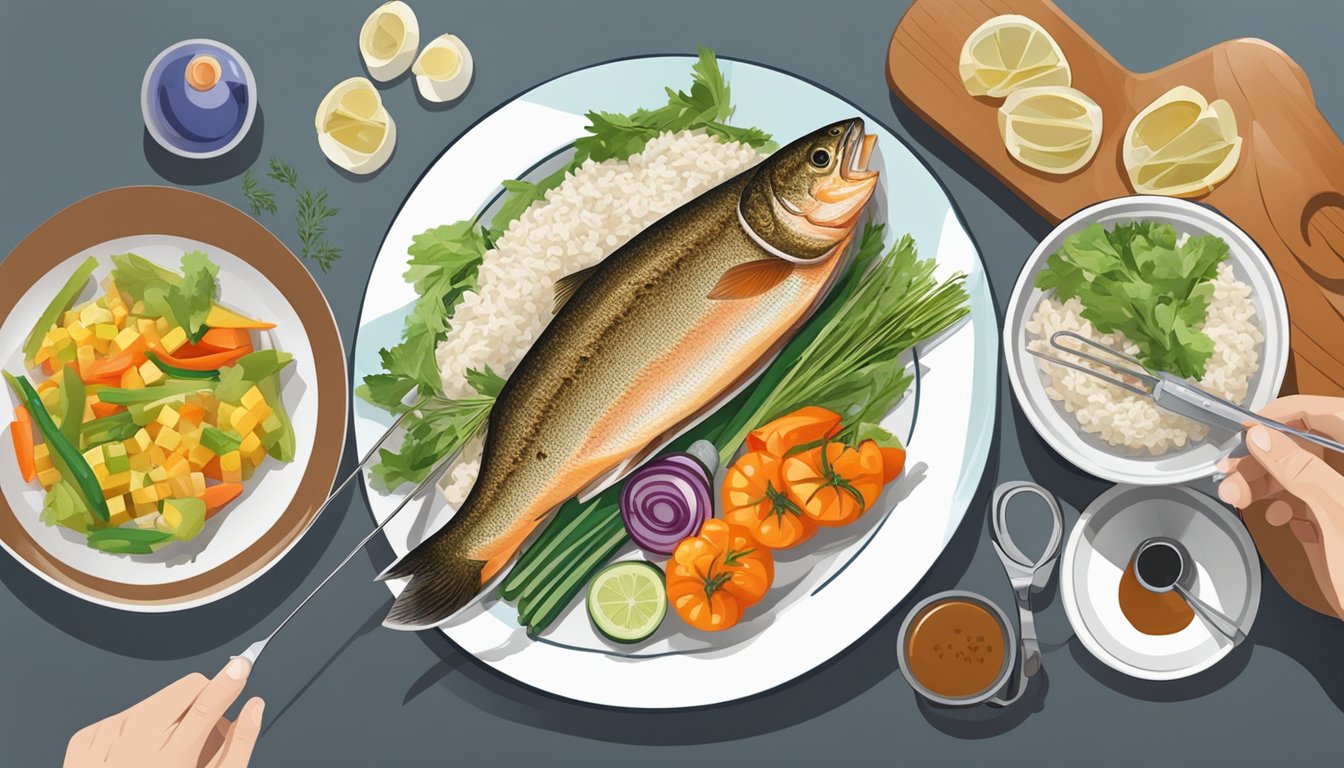 A person preparing a colorful plate of grilled trout and fresh vegetables, with a measuring cup of rice and a blood glucose monitor nearby