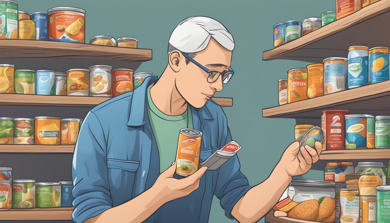 A diabetic person cautiously examines a can of surströmming, surrounded by various food items and a nutrition label