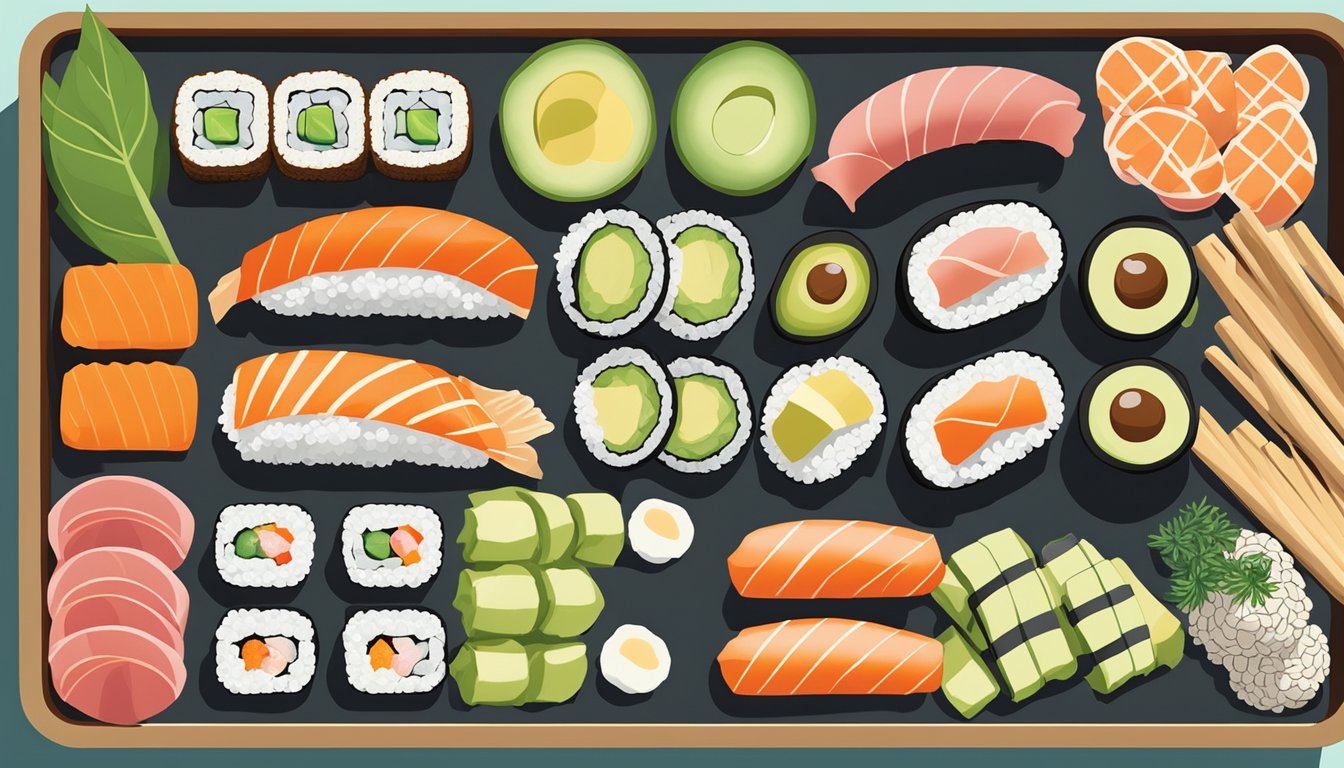 A colorful array of sushi alternatives and modifications, including cauliflower rice, avocado rolls, and sashimi, arranged on a bamboo serving tray