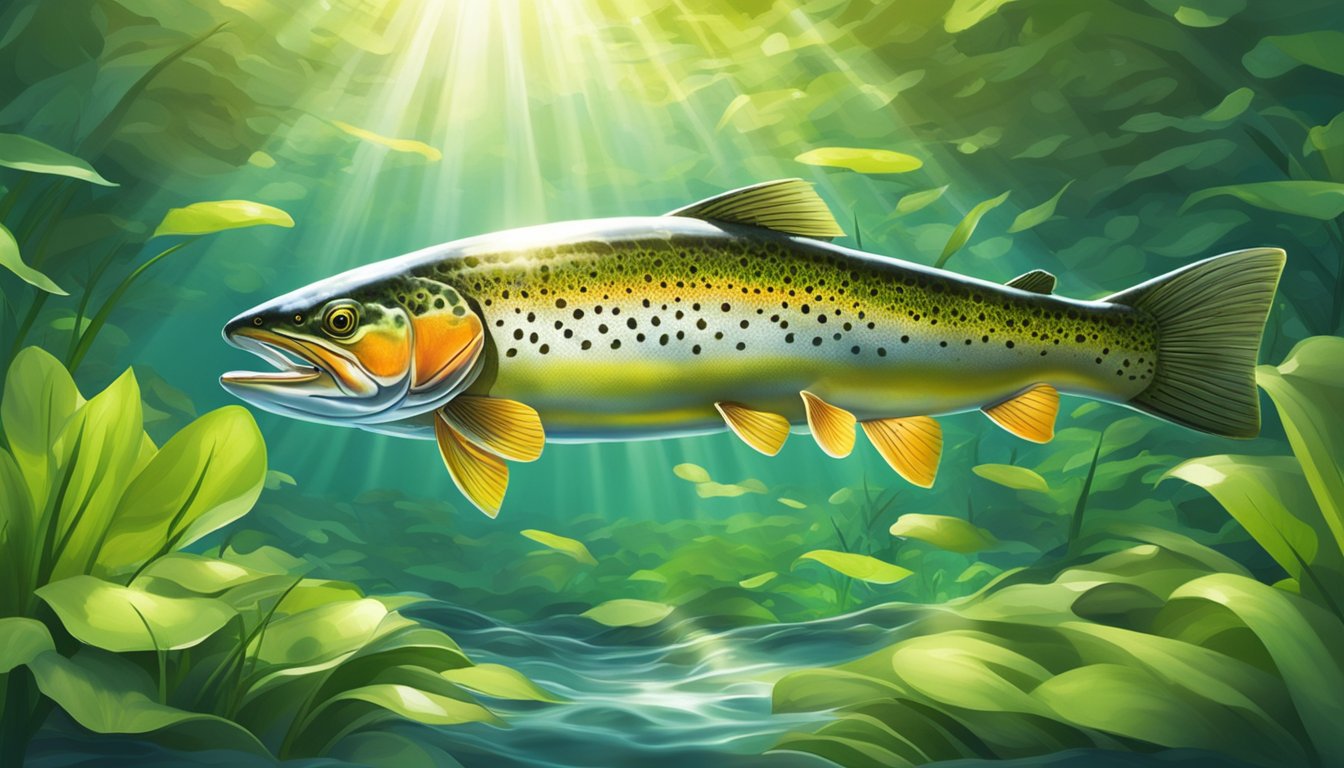 A trout swimming in a clear, flowing stream, surrounded by vibrant green aquatic plants and sunlight filtering through the water