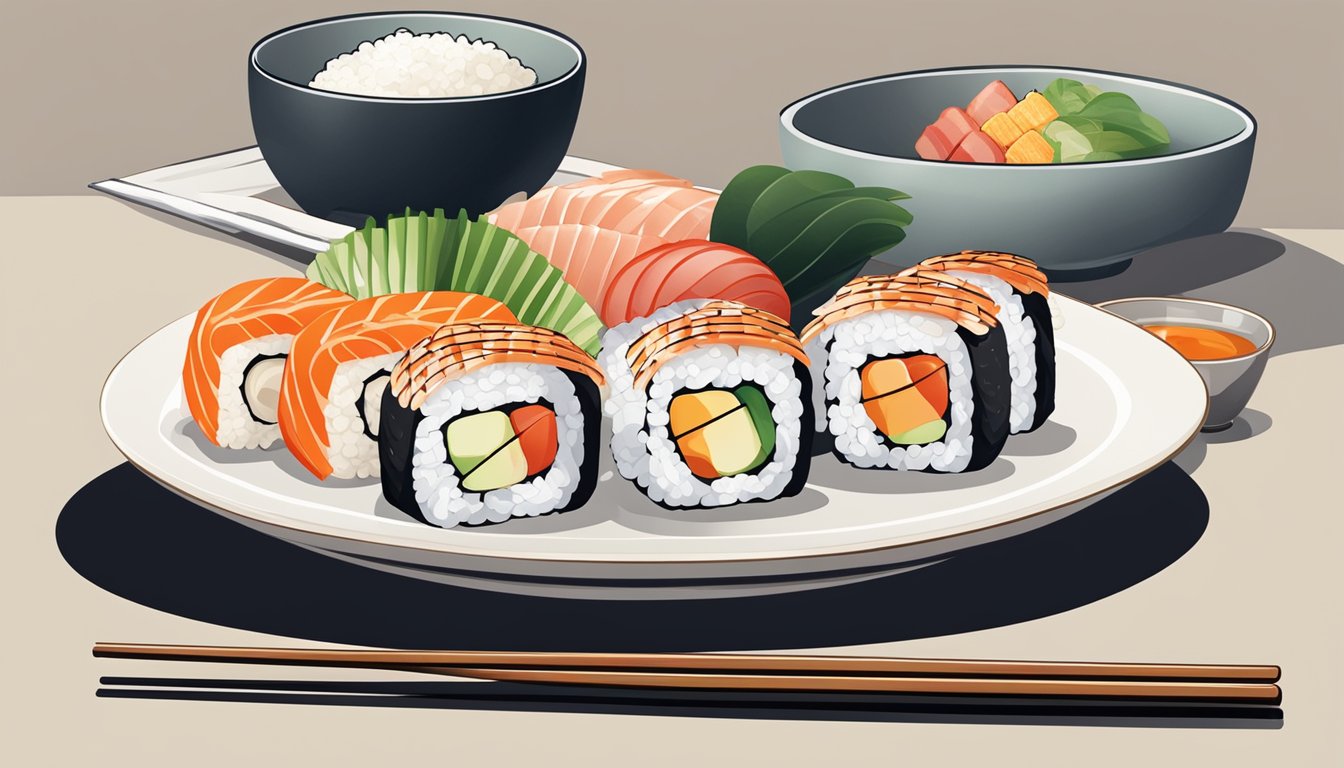 A plate of sushi rice, accompanied by various sushi ingredients and chopsticks, sits on a clean, minimalist table setting