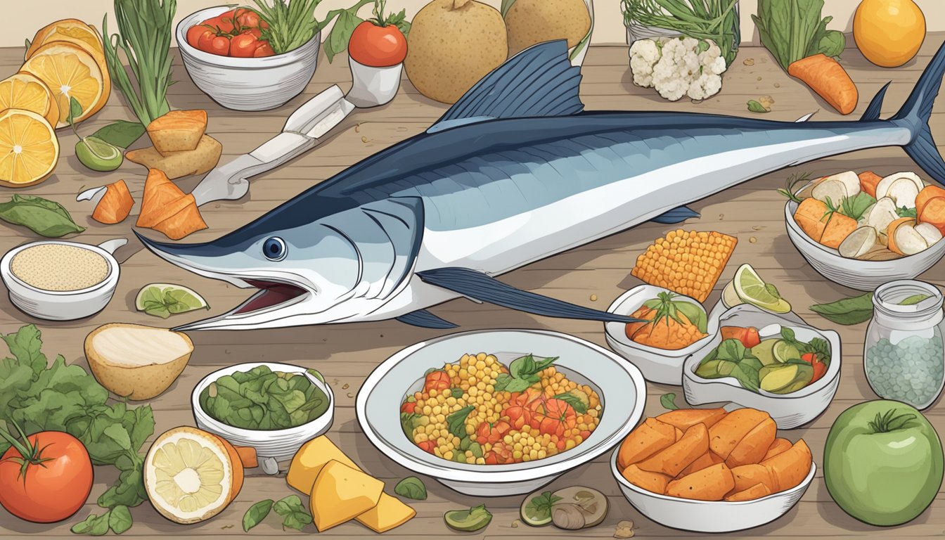 A swordfish surrounded by various food items, with a nutritional label and a diabetes-friendly symbol