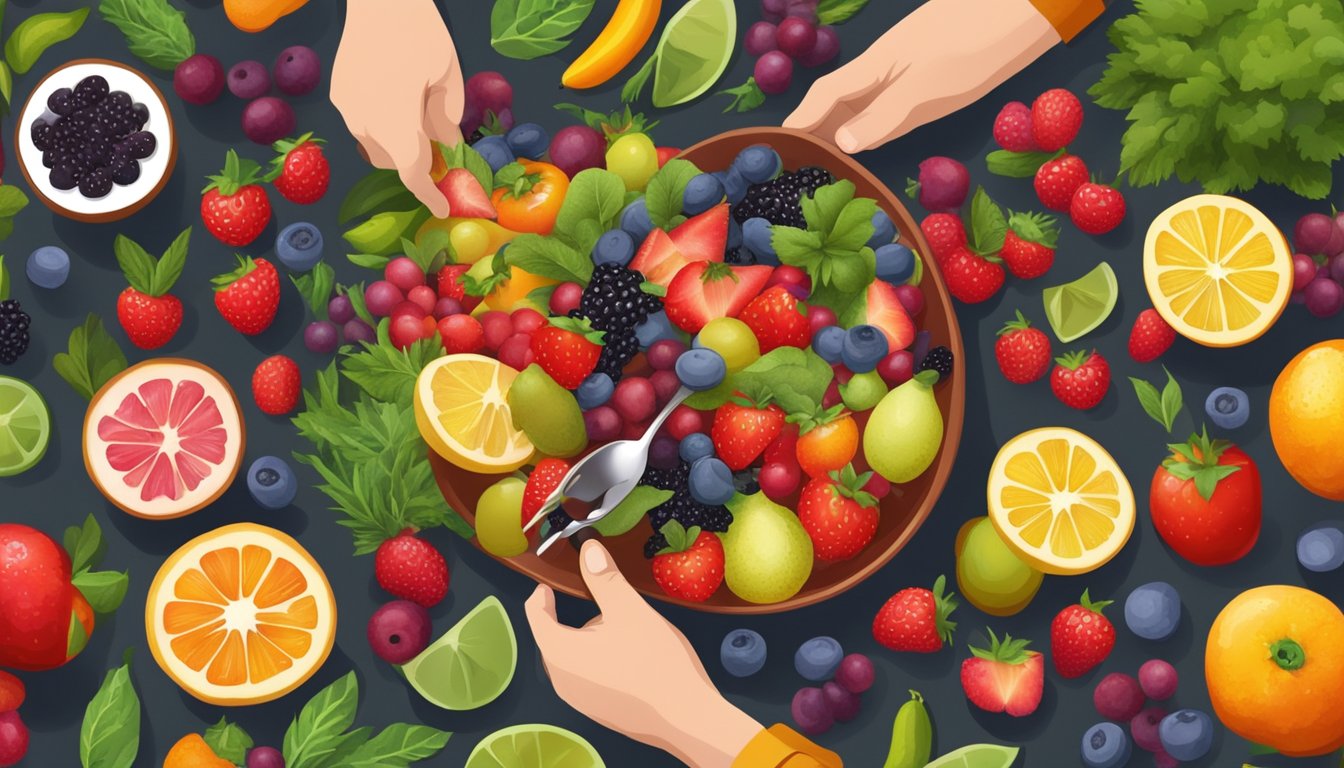 A diabetic person enjoying a bowl of fresh ugni berries, surrounded by a variety of fruits and vegetables