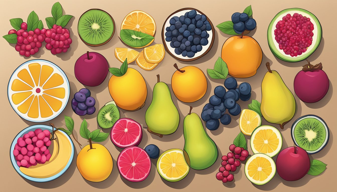 A colorful array of fruits with varying glycemic index levels, including ugni berries, displayed on a table