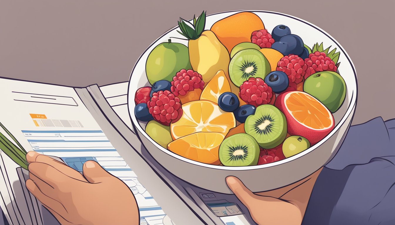 A diabetic person holding a bowl of assorted fruits, including ugni, with a nutrition guide book open beside them