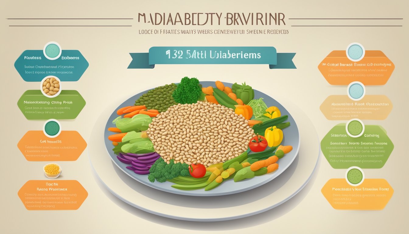 A plate with measured servings of urad beans, vegetables, and grains, alongside a dietary recommendation chart for diabetics