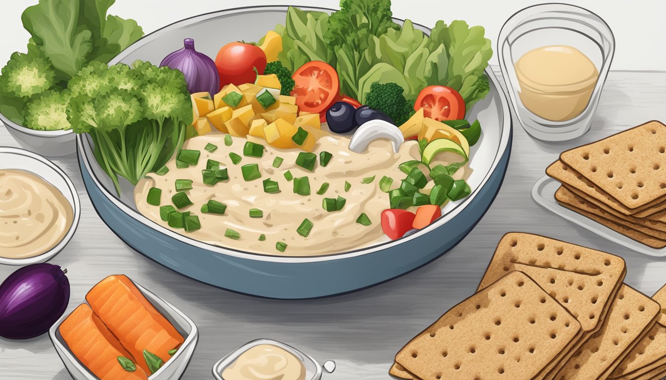 A diabetic-friendly meal plan with a bowl of tahini, accompanied by a variety of fresh vegetables and whole grain crackers