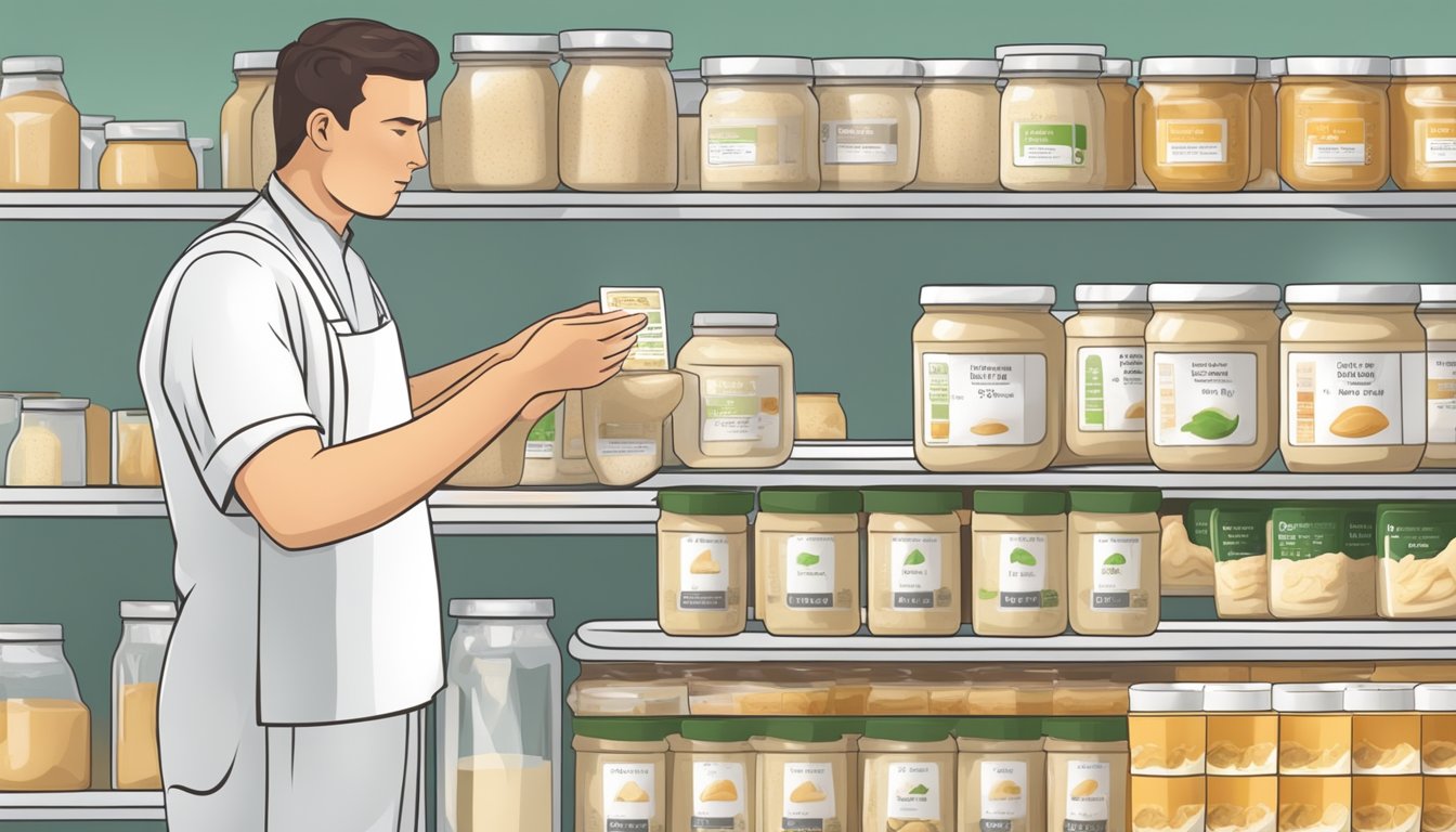 A diabetic person carefully measuring a serving of tahini and checking the nutritional label