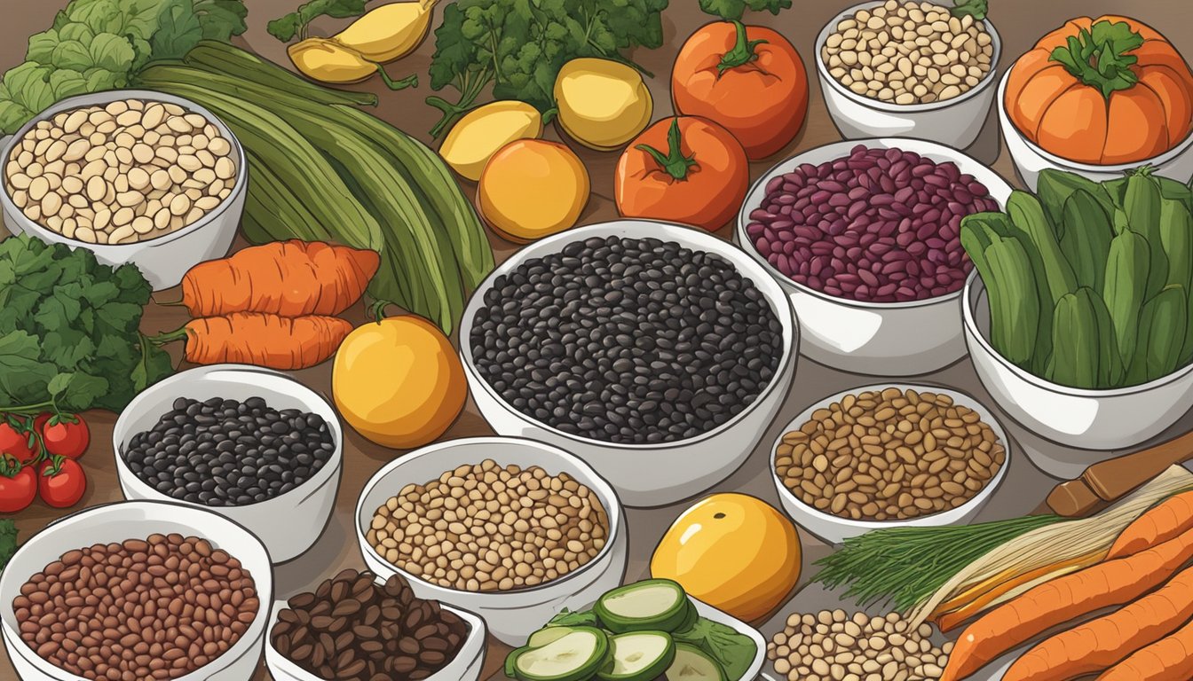 A colorful array of urad beans, along with various fruits and vegetables, is spread out on a kitchen counter, accompanied by a cookbook and a nutrition guide