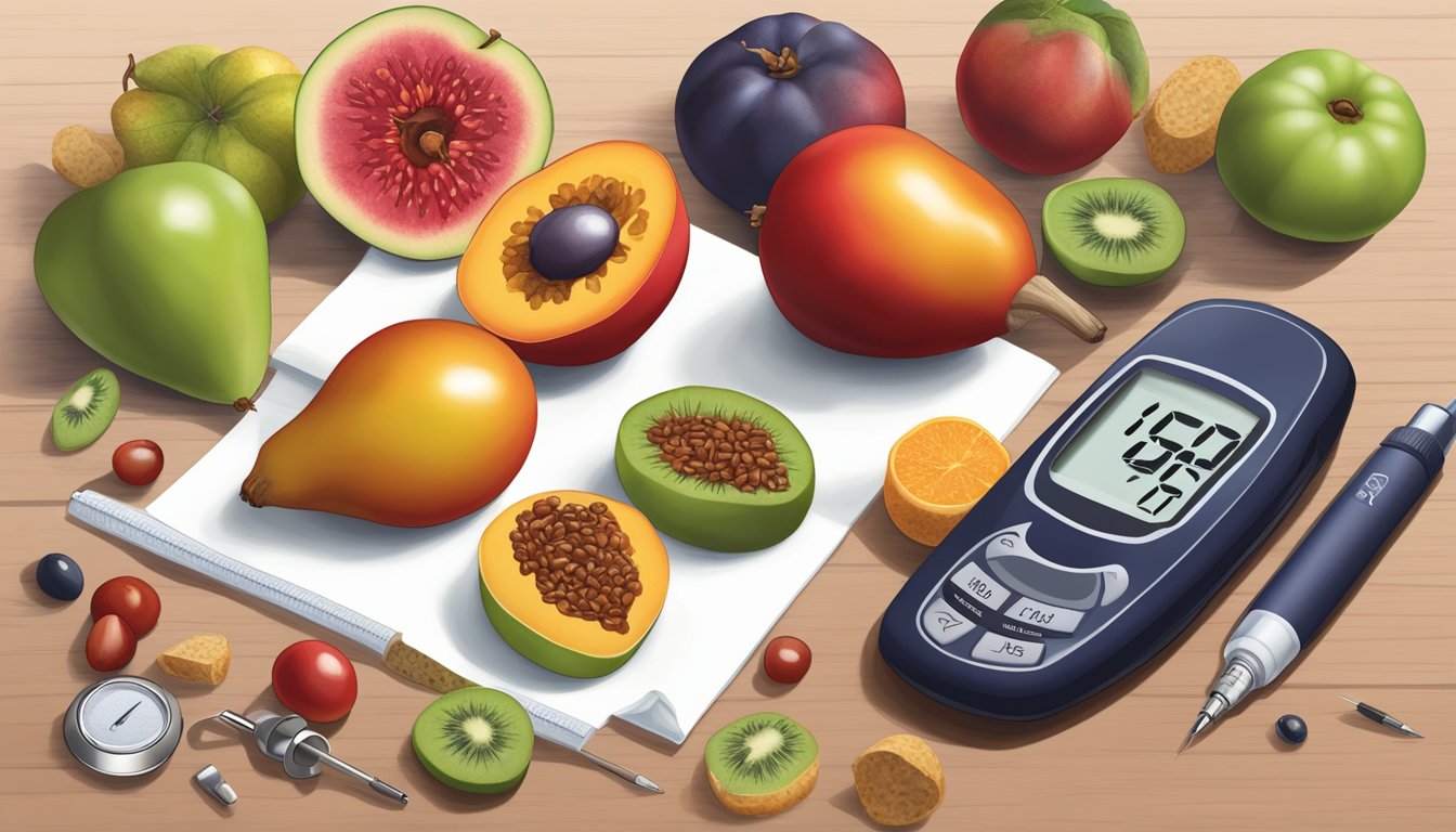 A tamarillo fruit surrounded by various diabetic-friendly food items, with a glucometer and insulin pen nearby