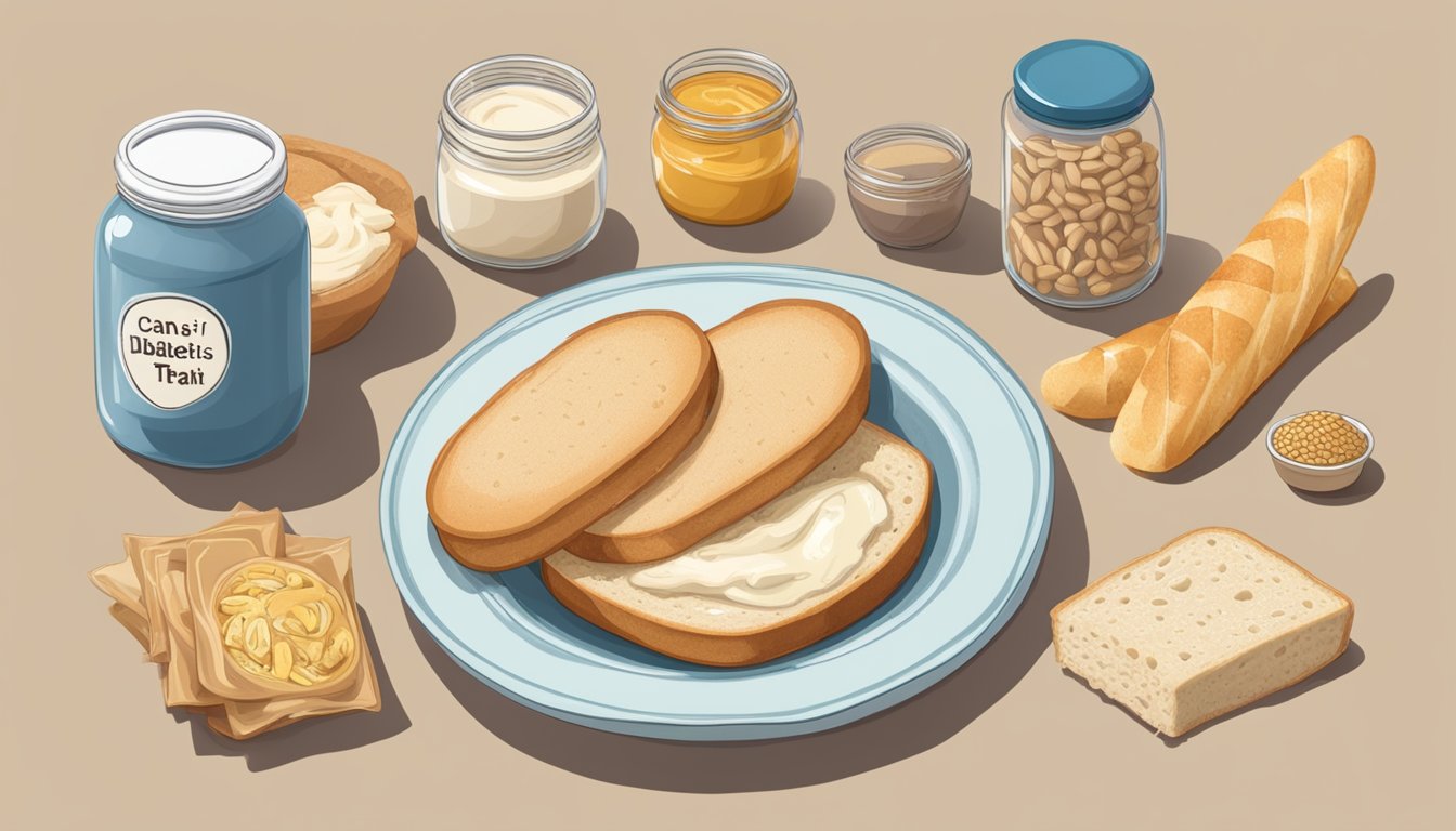 A spread of foods: sugary treats, white bread, and processed snacks, with a jar of tahini labeled "Can Diabetics Eat Tahini?"