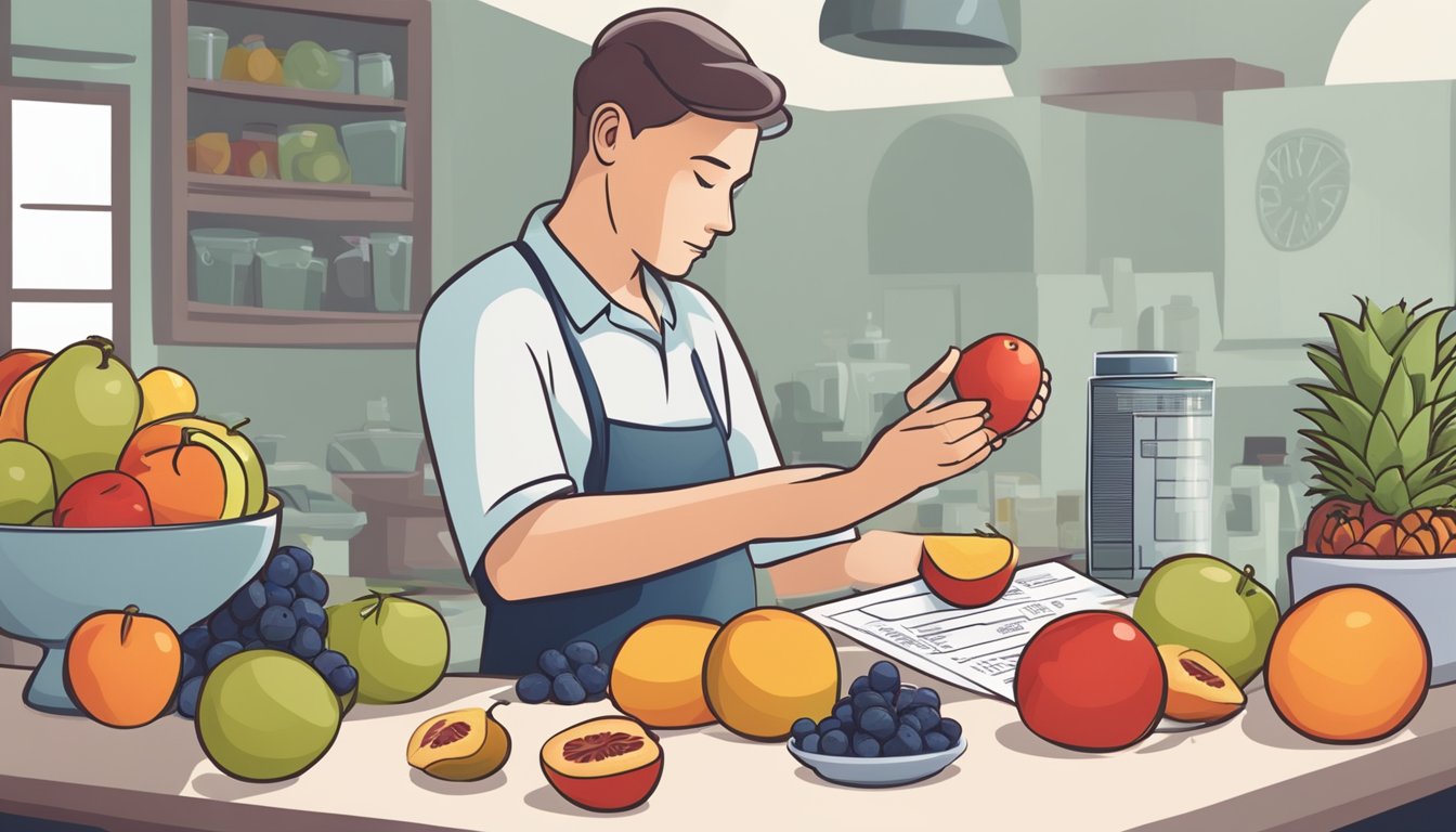 A diabetic person carefully inspecting a tamarillo before consuming, surrounded by a variety of fruits and a nutrition label