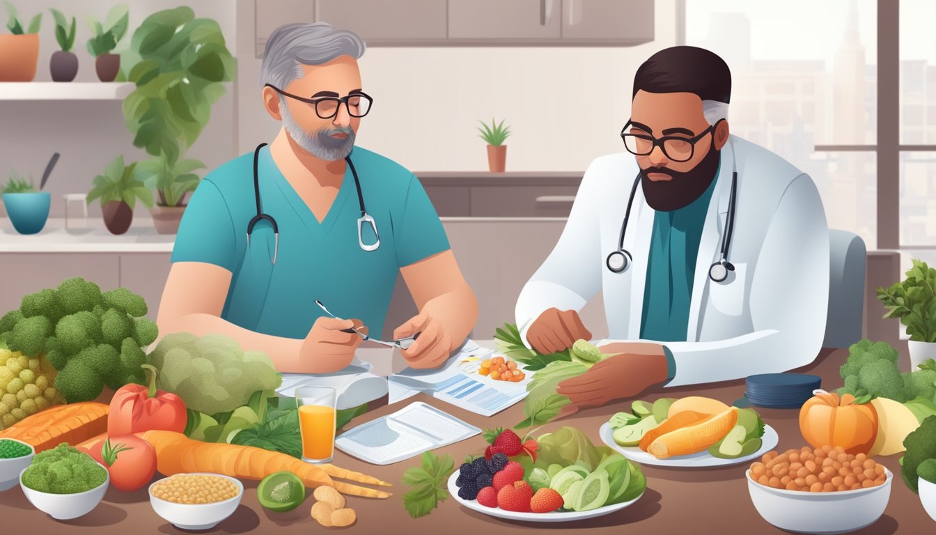 A diabetic person sitting at a table, surrounded by various types of vetches and other foods, with a doctor or nutritionist explaining the health benefits and risks