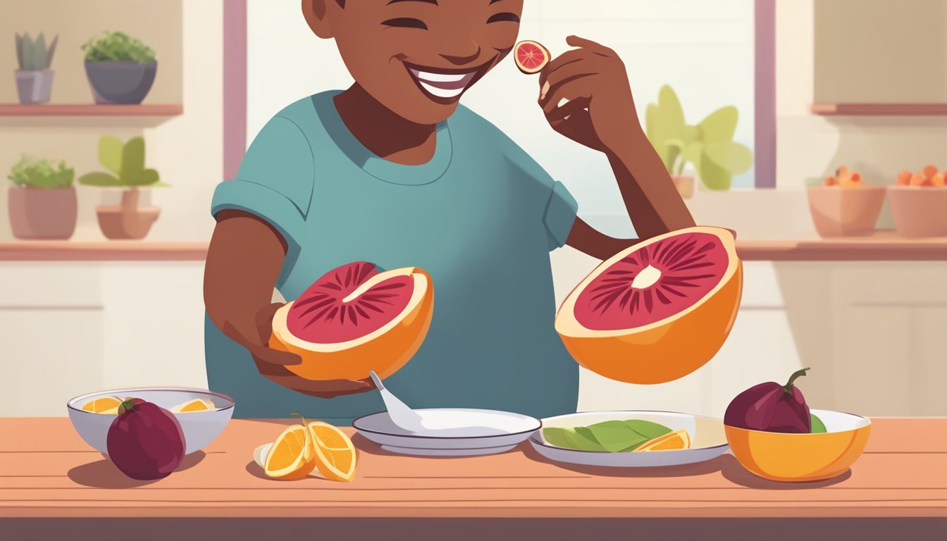 A person with diabetes enjoying a plate of sliced tamarillo with a smile