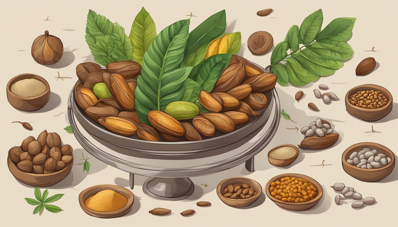 A colorful spread of tamarind pods and leaves, surrounded by medical symbols and a scale, with a clear division between healthy and risky foods