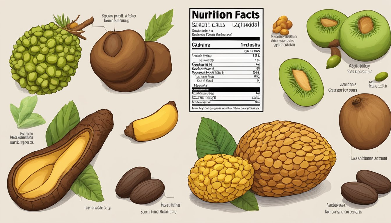 A tamarind fruit surrounded by a variety of healthy foods, with a nutrition label and a caution sign next to it