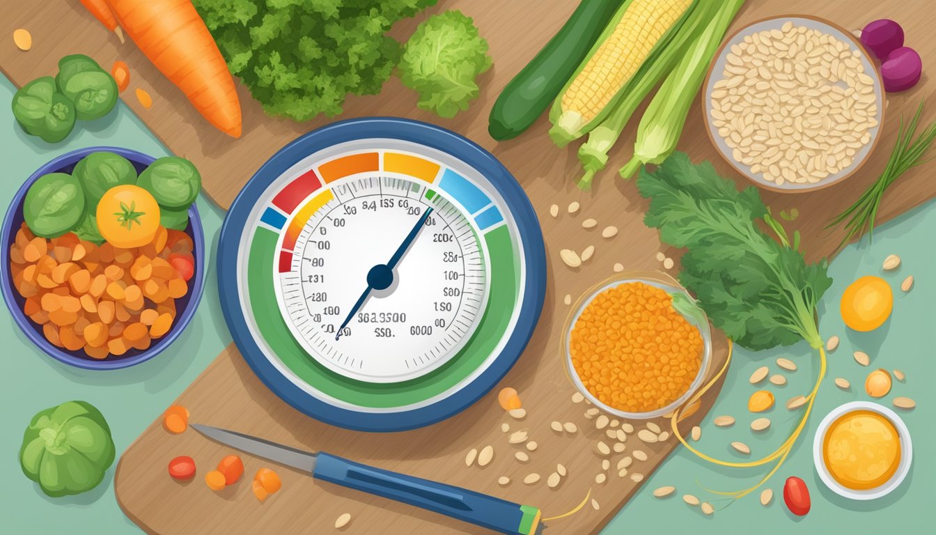 A colorful plate of vetches, grains, and vegetables, with a measuring tape and blood glucose monitor nearby