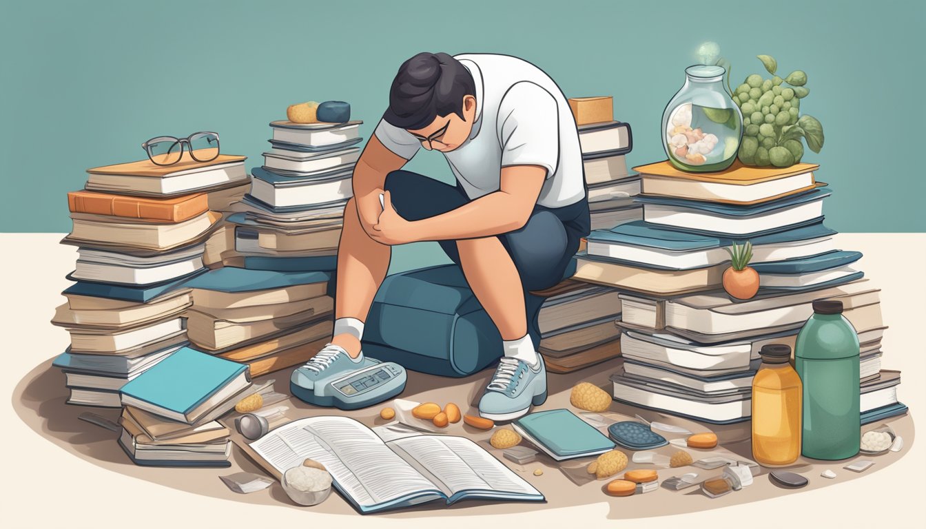 A diabetic person examining a pile of vetches, surrounded by medical books and articles, weighing the health benefits and risks