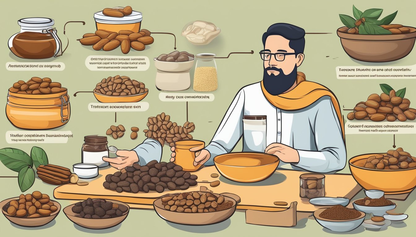 A diabetic person weighing the pros and cons of eating tamarind, surrounded by various tamarind products and a list of health benefits and risks