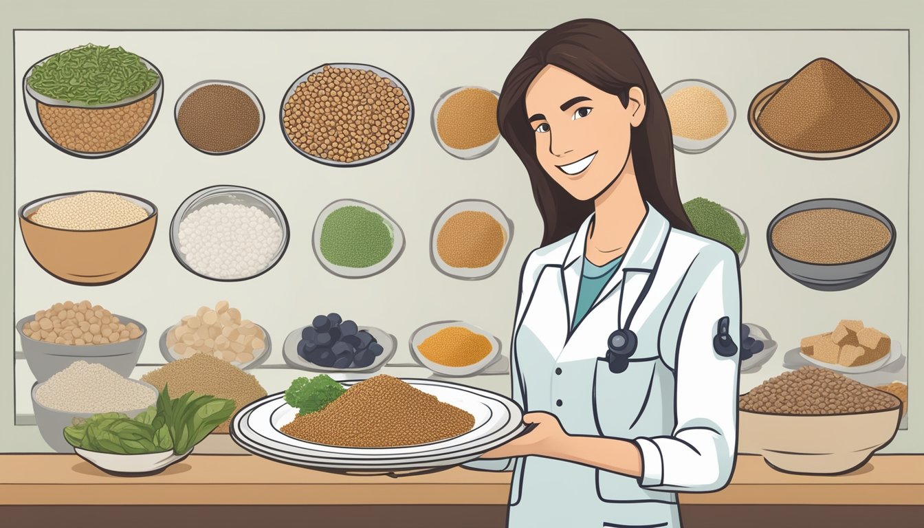 A dietician holding a plate of teff and various diabetic-friendly foods, with a chart of dietary considerations for diabetic patients in the background