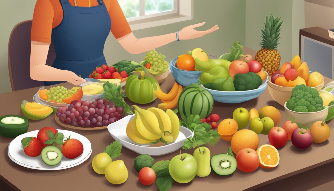 A dietician explaining diabetes and diet, with a variety of fruits and vegetables on a table, including voavanga