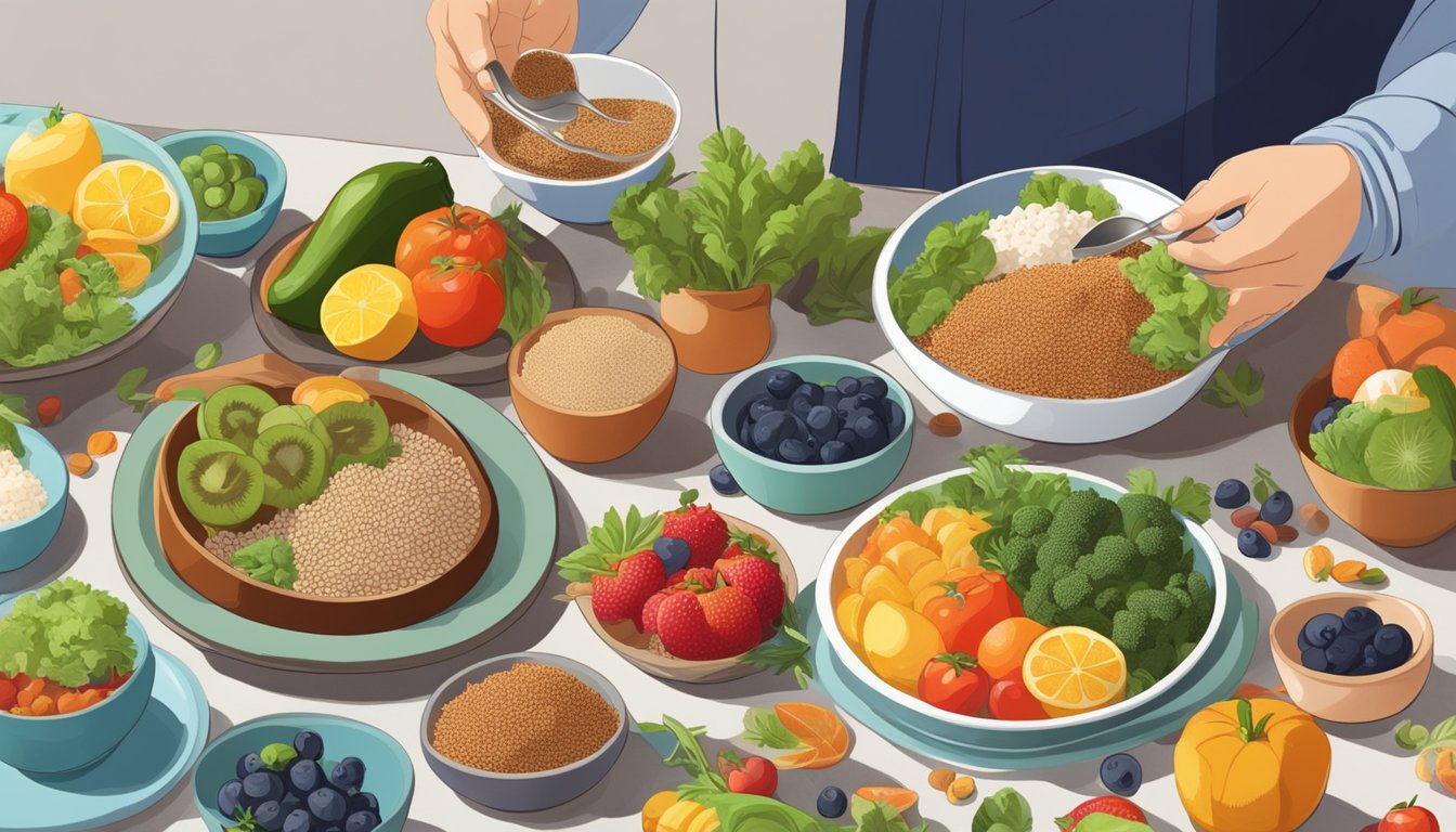 A person with diabetes enjoying a colorful plate of teff-based dishes surrounded by various fruits and vegetables