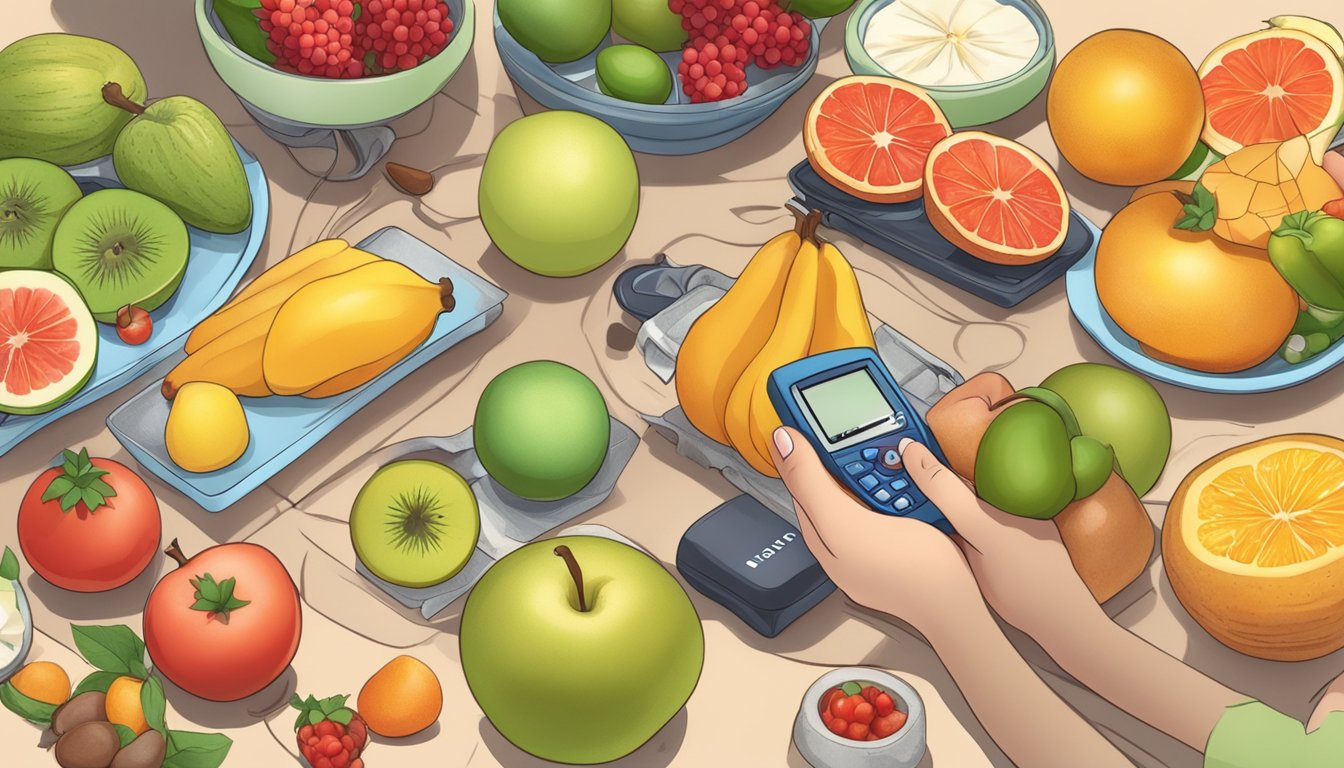 A diabetic person holding a variety of fruits, with a focus on voavanga, surrounded by a balanced meal and a glucose meter