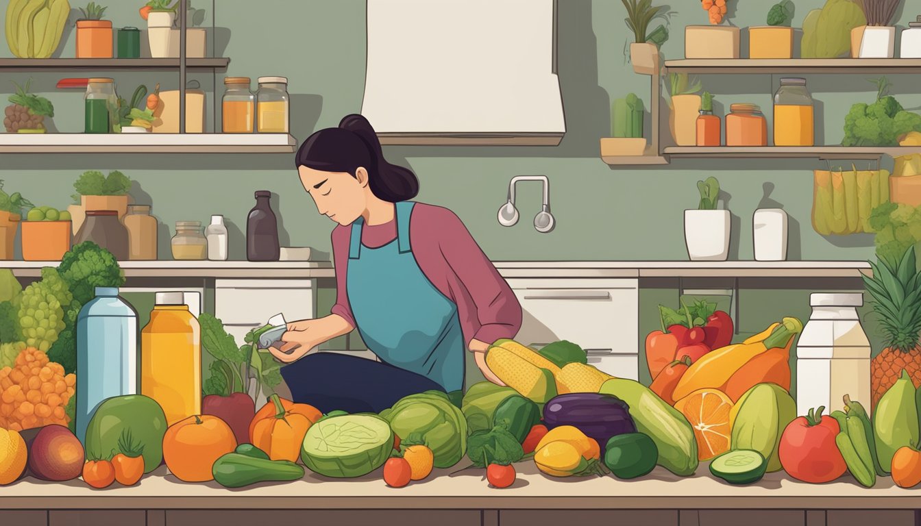 A person with diabetes is carefully reading the label of a bottle of tepache while surrounded by various fruits and vegetables