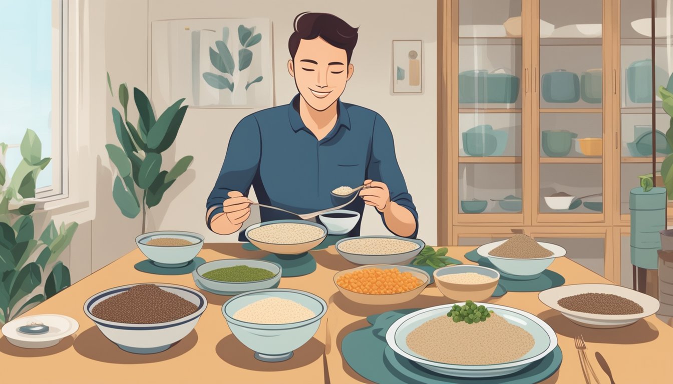 A person with diabetes happily enjoying a bowl of teff porridge, surrounded by a variety of teff-based dishes on a dining table