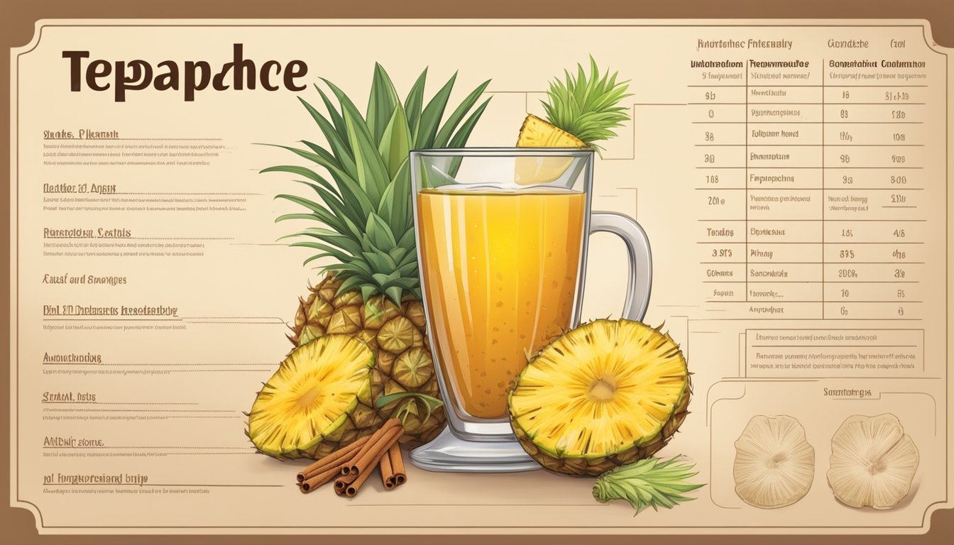 A glass of tepache surrounded by pineapple, cinnamon, and other ingredients, with a nutritional chart showing its diabetic-friendly profile