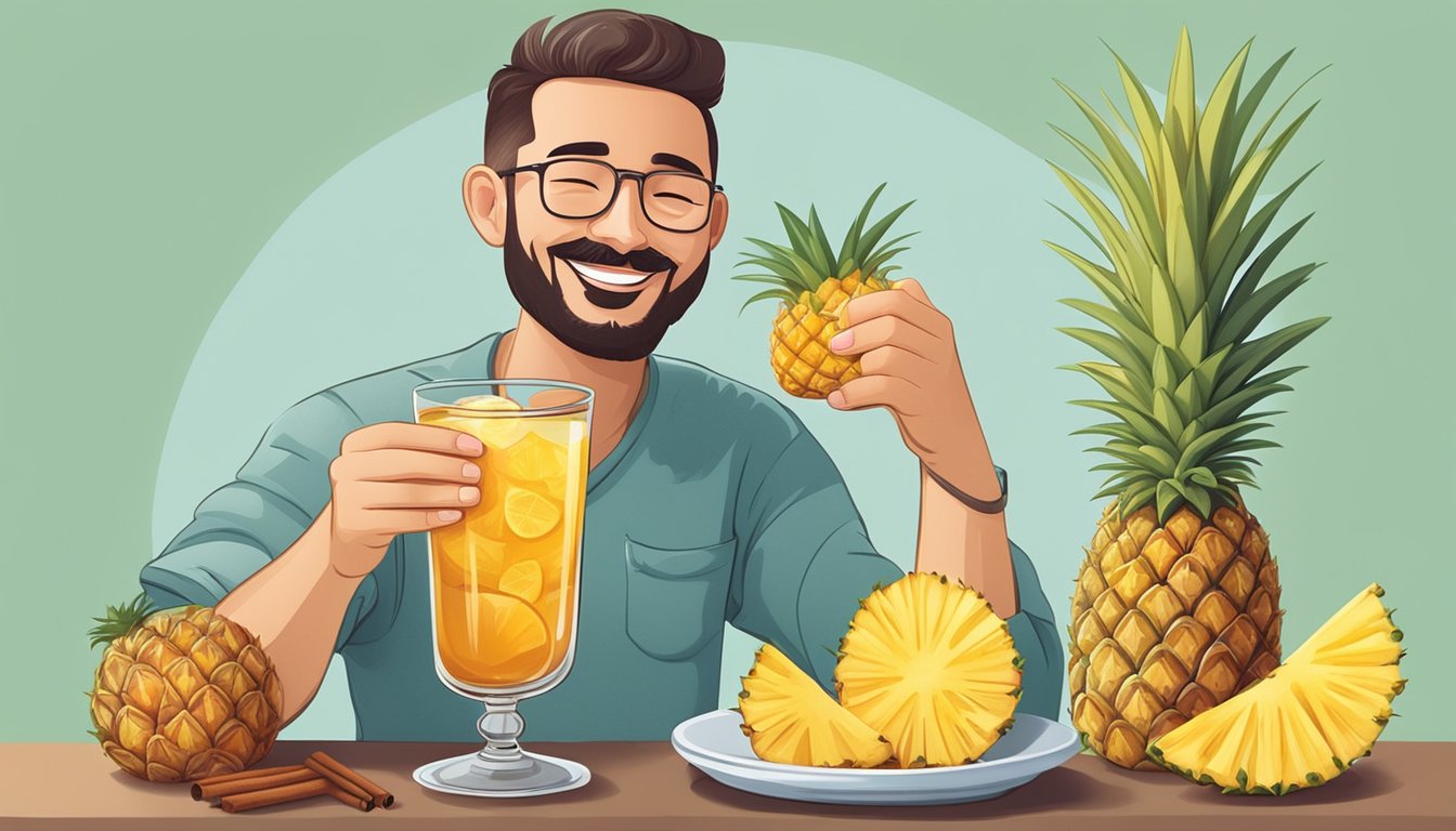 A diabetic person enjoying a glass of tepache with a smile, surrounded by fresh pineapple and cinnamon sticks