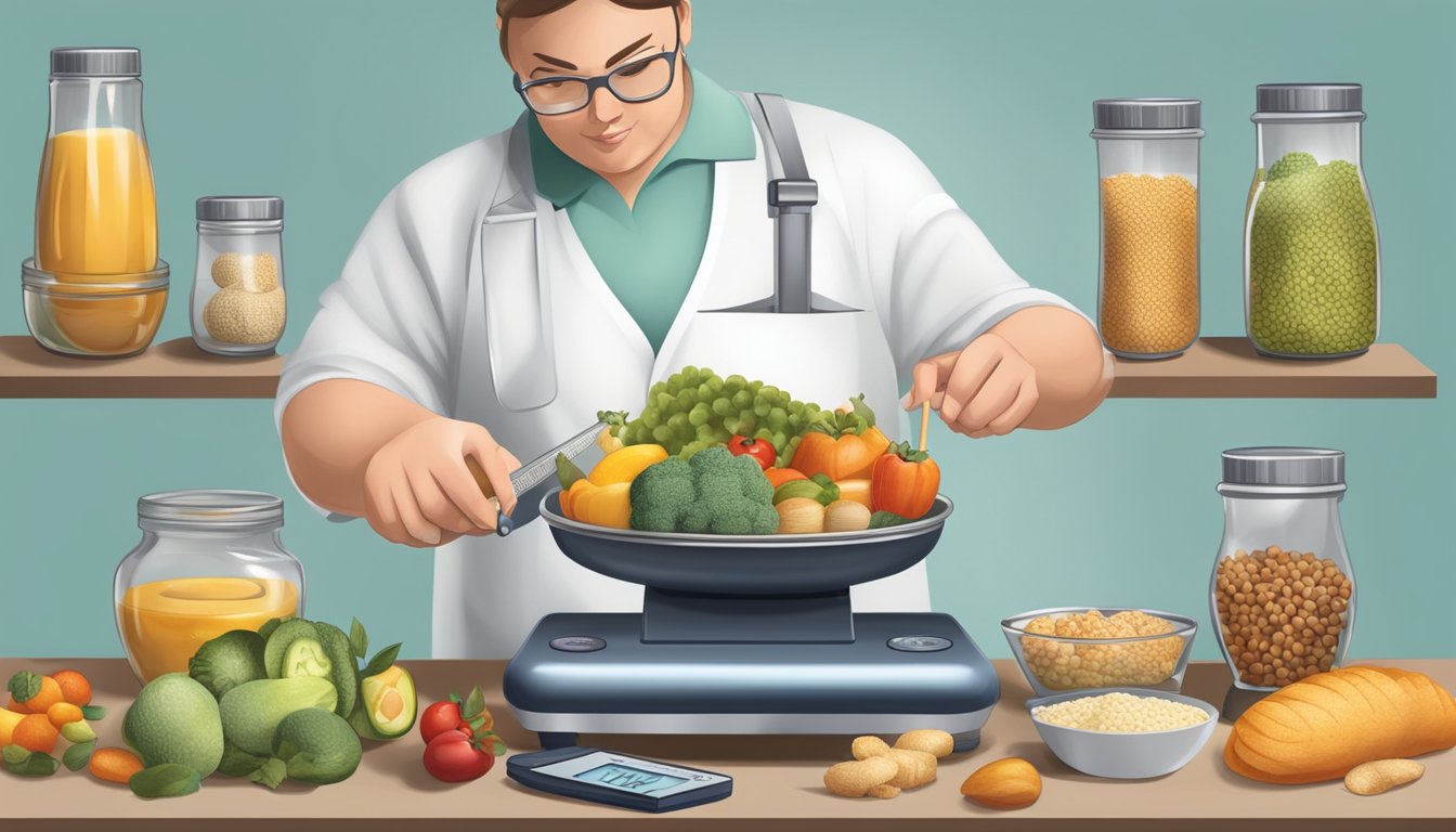 A diabetic person carefully measuring and balancing a variety of food items on a scale