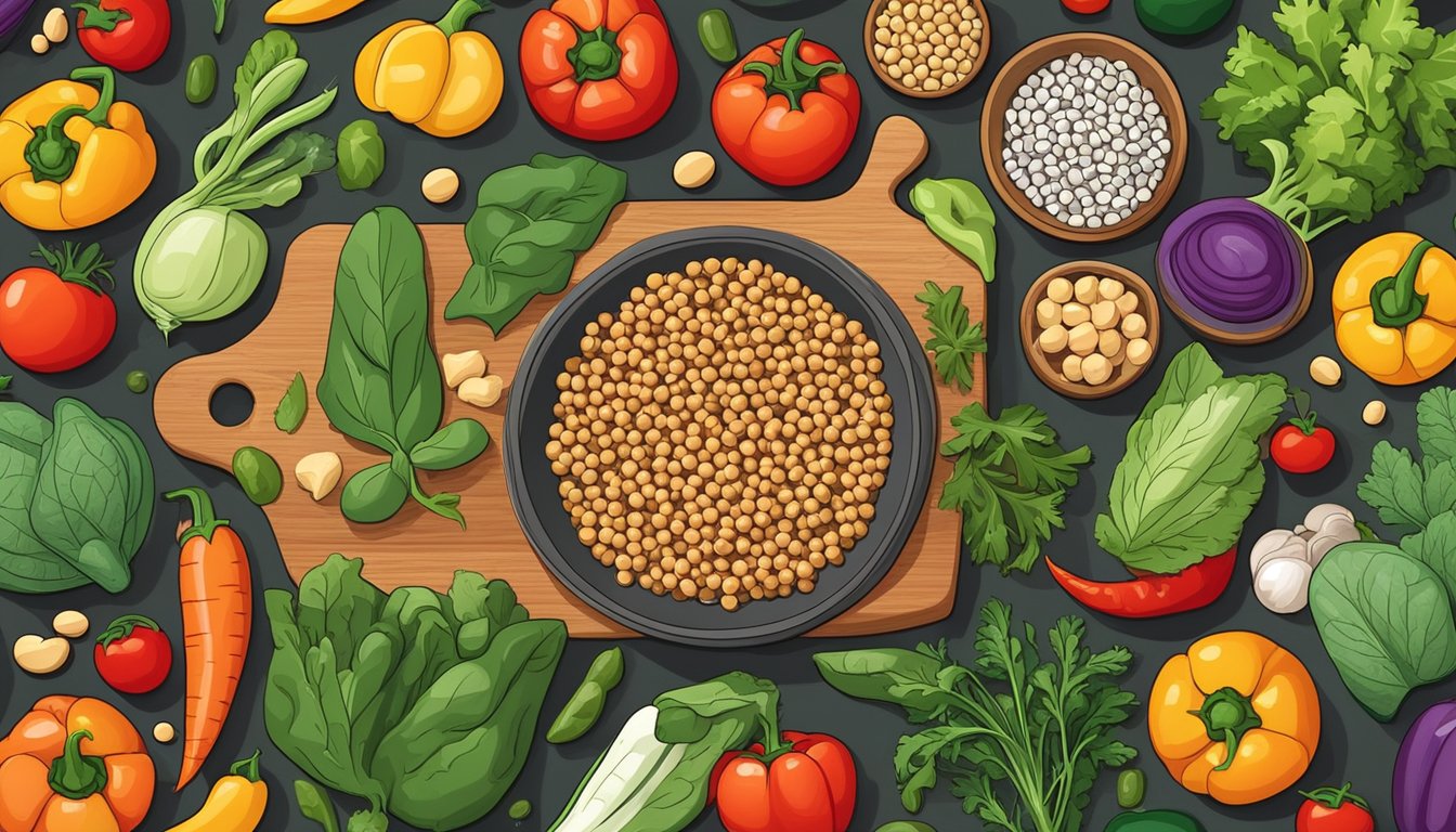 A colorful array of vegetables and legumes arranged on a cutting board, including carrots, bell peppers, tomatoes, spinach, lentils, and chickpeas