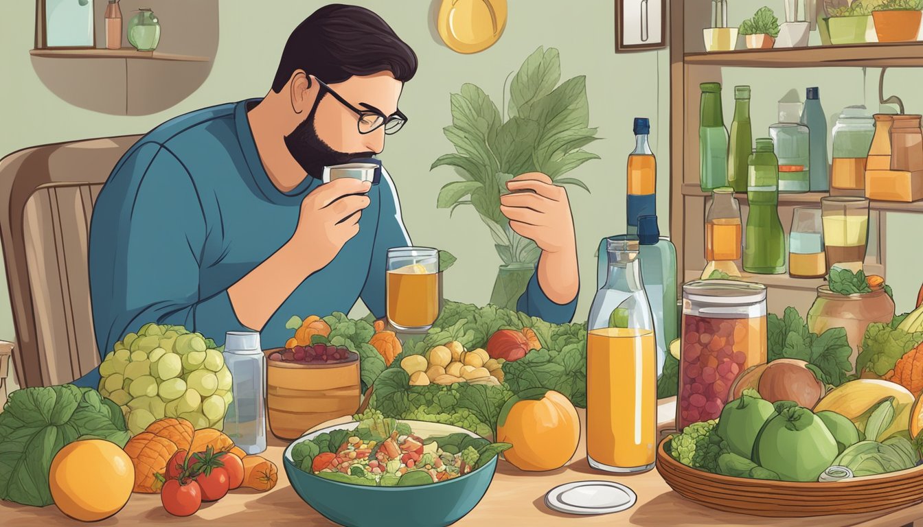 A person with diabetes enjoying a glass of tepache while surrounded by healthy food options and insulin supplies