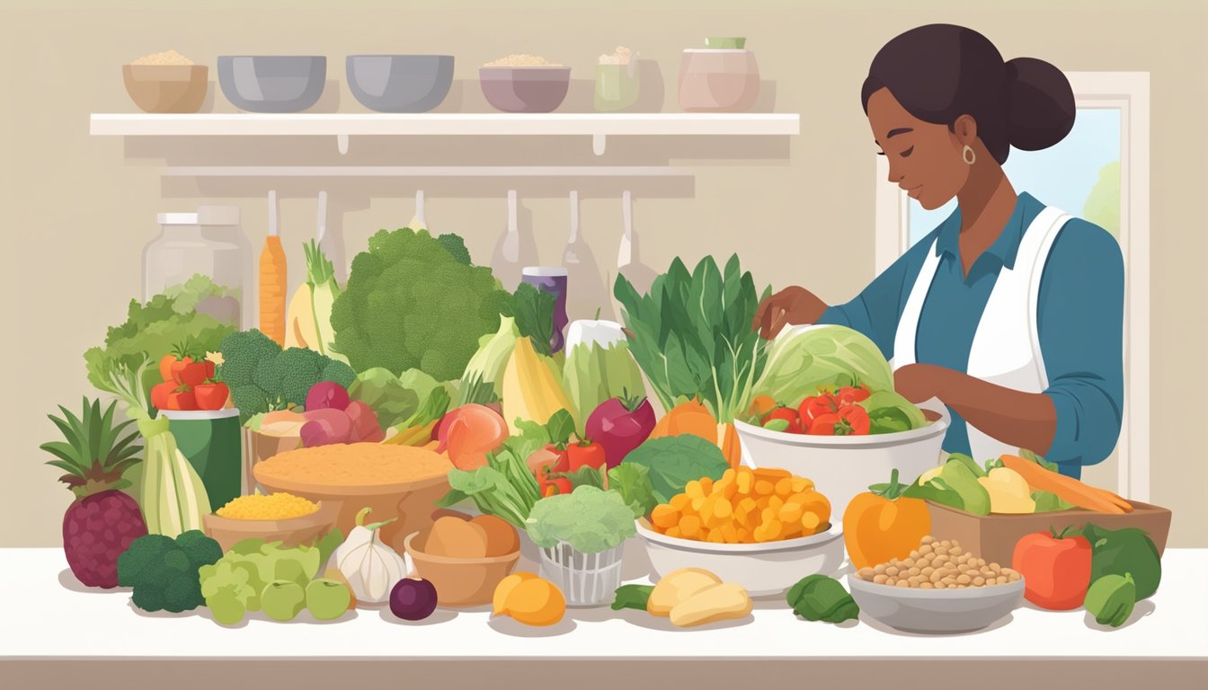 A table set with a variety of healthy foods, including fruits, vegetables, lean proteins, and whole grains. A person with diabetes is carefully selecting items for meal planning