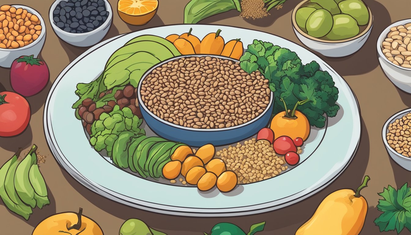 A plate of tepary beans surrounded by various fruits, vegetables, and whole grains. A diabetic person is pondering over the food options