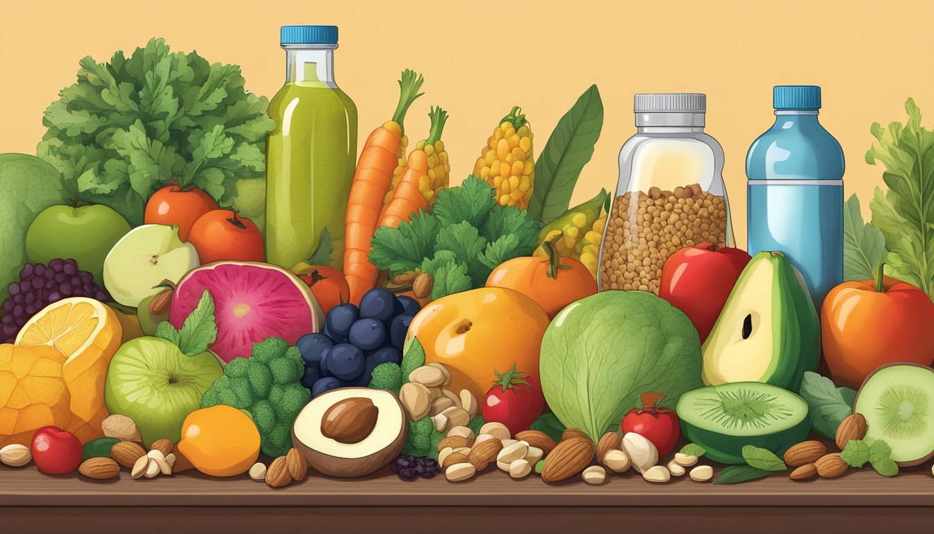 A colorful array of fruits, vegetables, nuts, and seeds arranged on a table, with a bottle of supplements and additional nutrients placed next to them