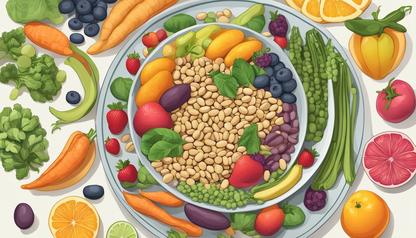 A plate of tepary beans surrounded by a variety of colorful fruits and vegetables, with a nutrition label displayed next to it