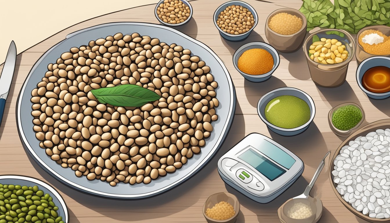 A plate of tepary beans surrounded by a variety of low-glycemic index foods, with a blood sugar monitor in the background