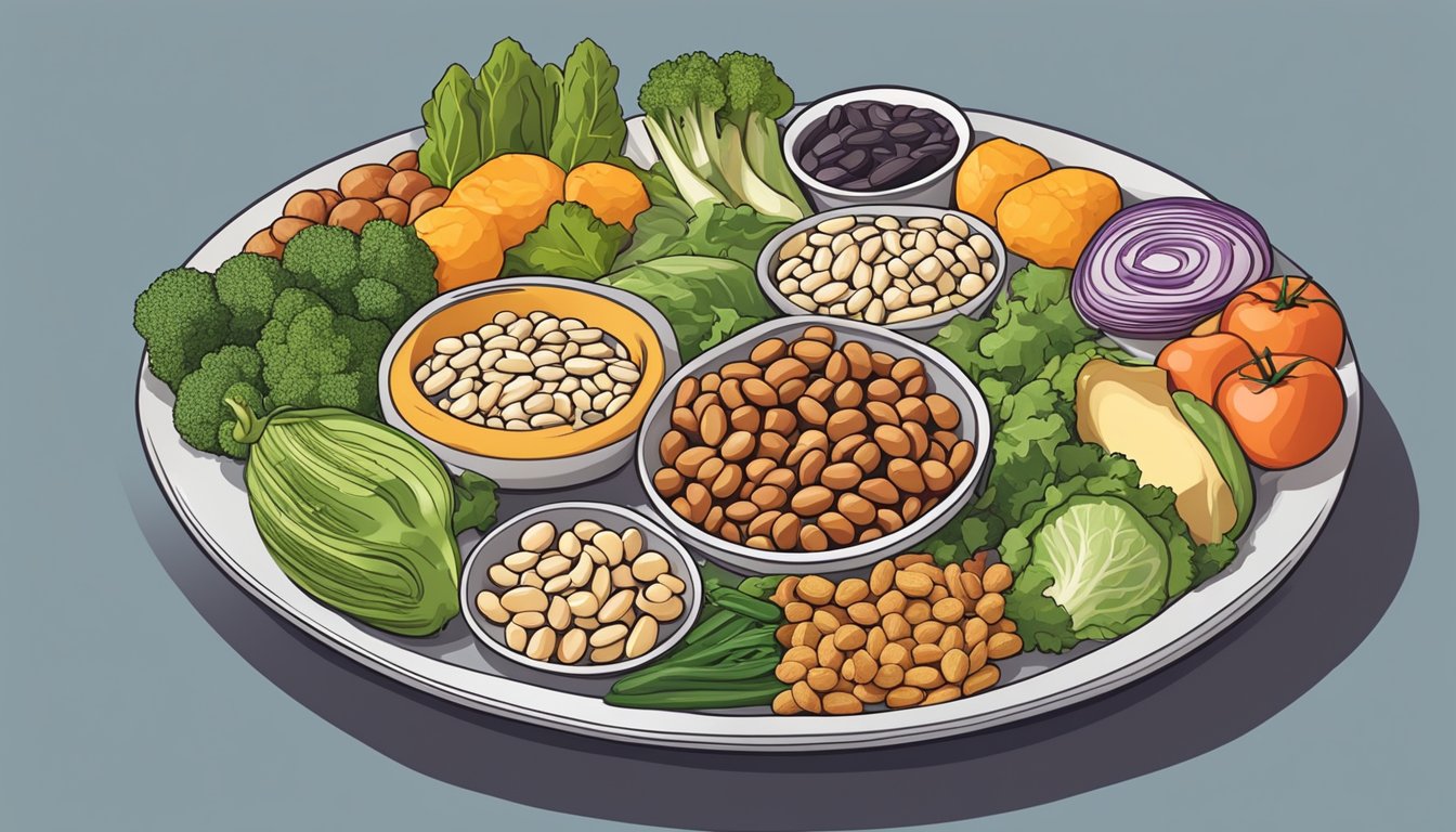 A colorful plate with a variety of foods, including tepary beans, vegetables, and lean protein, arranged in a balanced and visually appealing manner