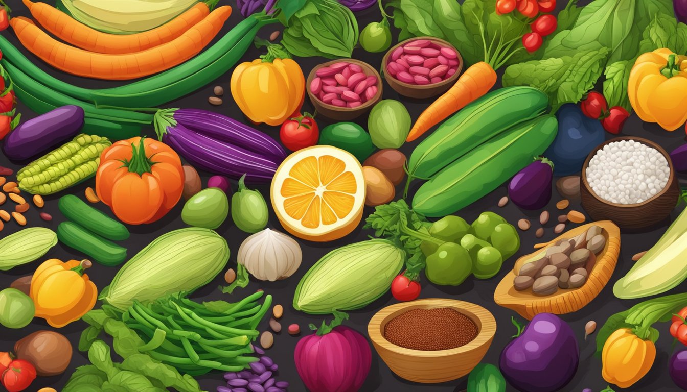 A colorful illustration of a variety of fresh tepary beans arranged on a table, surrounded by vibrant vegetables and fruits, with a clear emphasis on health and nutrition