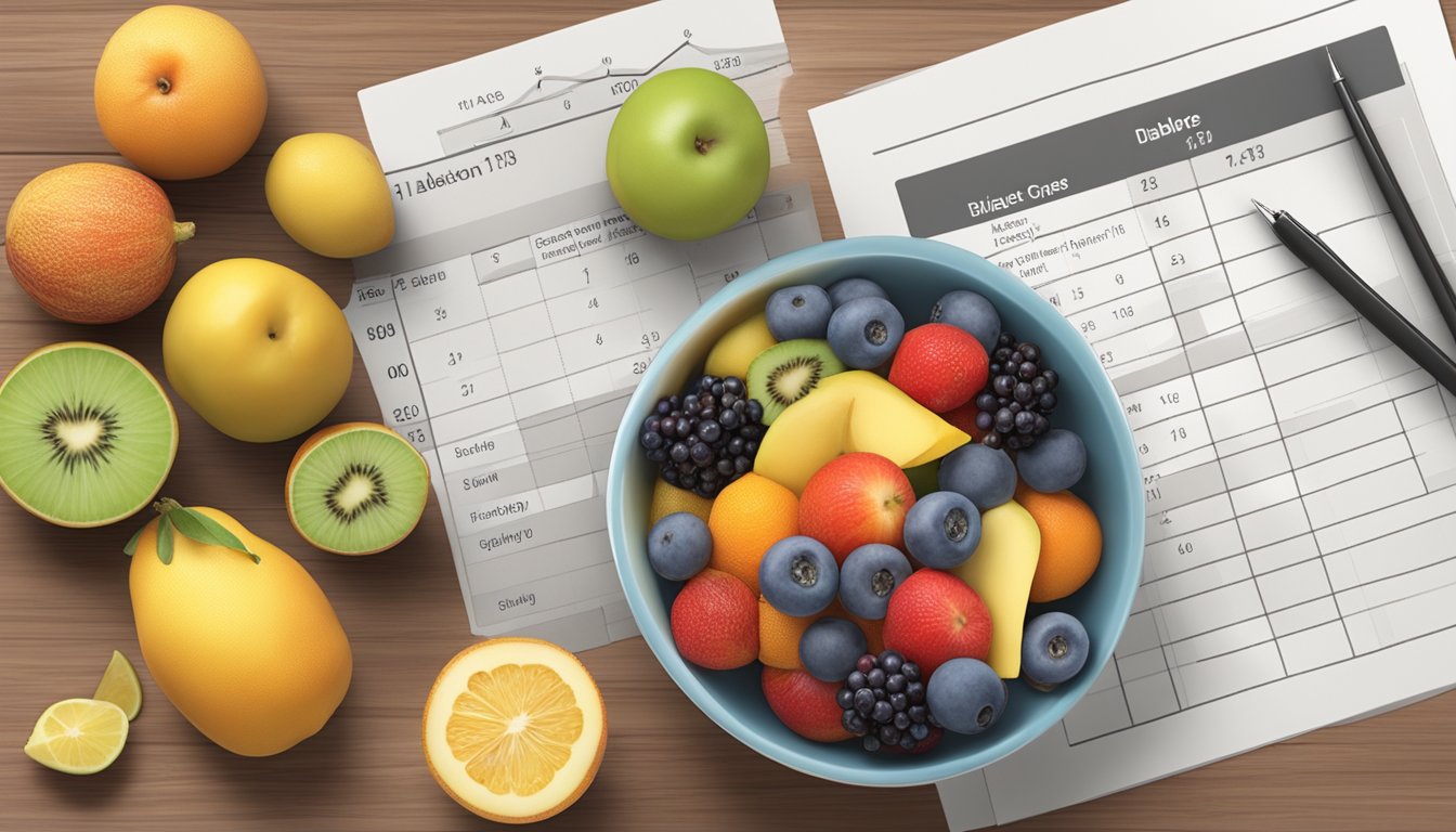 A bowl of assorted fruits, including wampee, arranged on a table with a diabetic-friendly dietary chart in the background