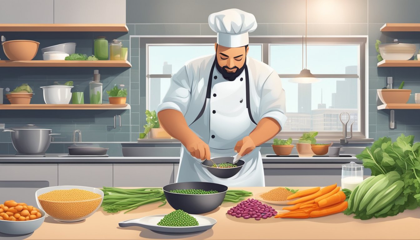 A diabetic chef carefully measures and seasons tepary beans in a modern kitchen, surrounded by fresh ingredients and cooking utensils