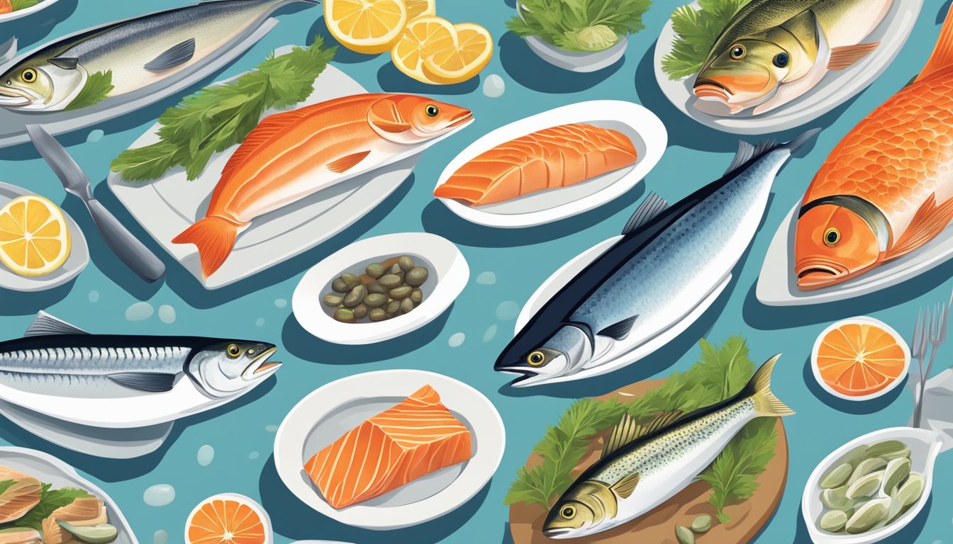 A colorful array of diabetes-friendly fish options, including salmon, trout, and sardines, displayed on a clean, modern kitchen counter