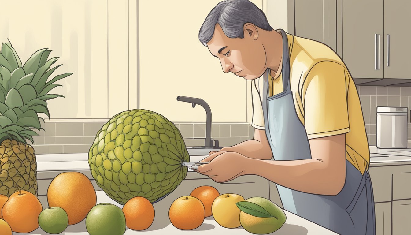 A diabetic person carefully measuring and inspecting a wampee fruit for serving size and dietary considerations